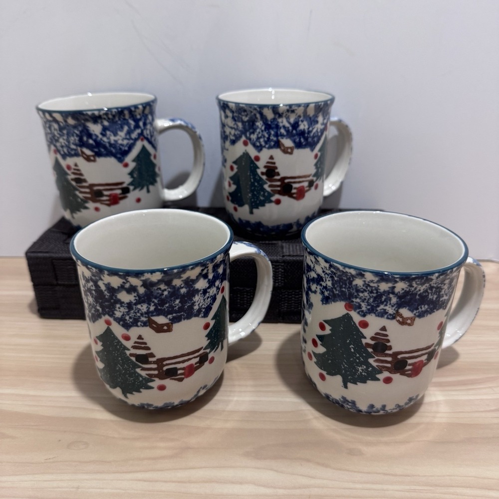 4 VTG Folk Craft By Tienshan "Cabin in the Snow" Coffee Mugs Christmas Lot 1